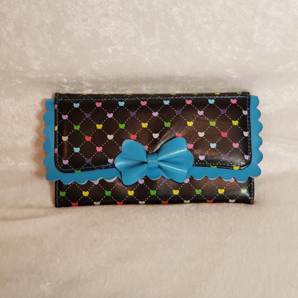 Black Colorful Hearts Tri-Fold Wallet with Bow